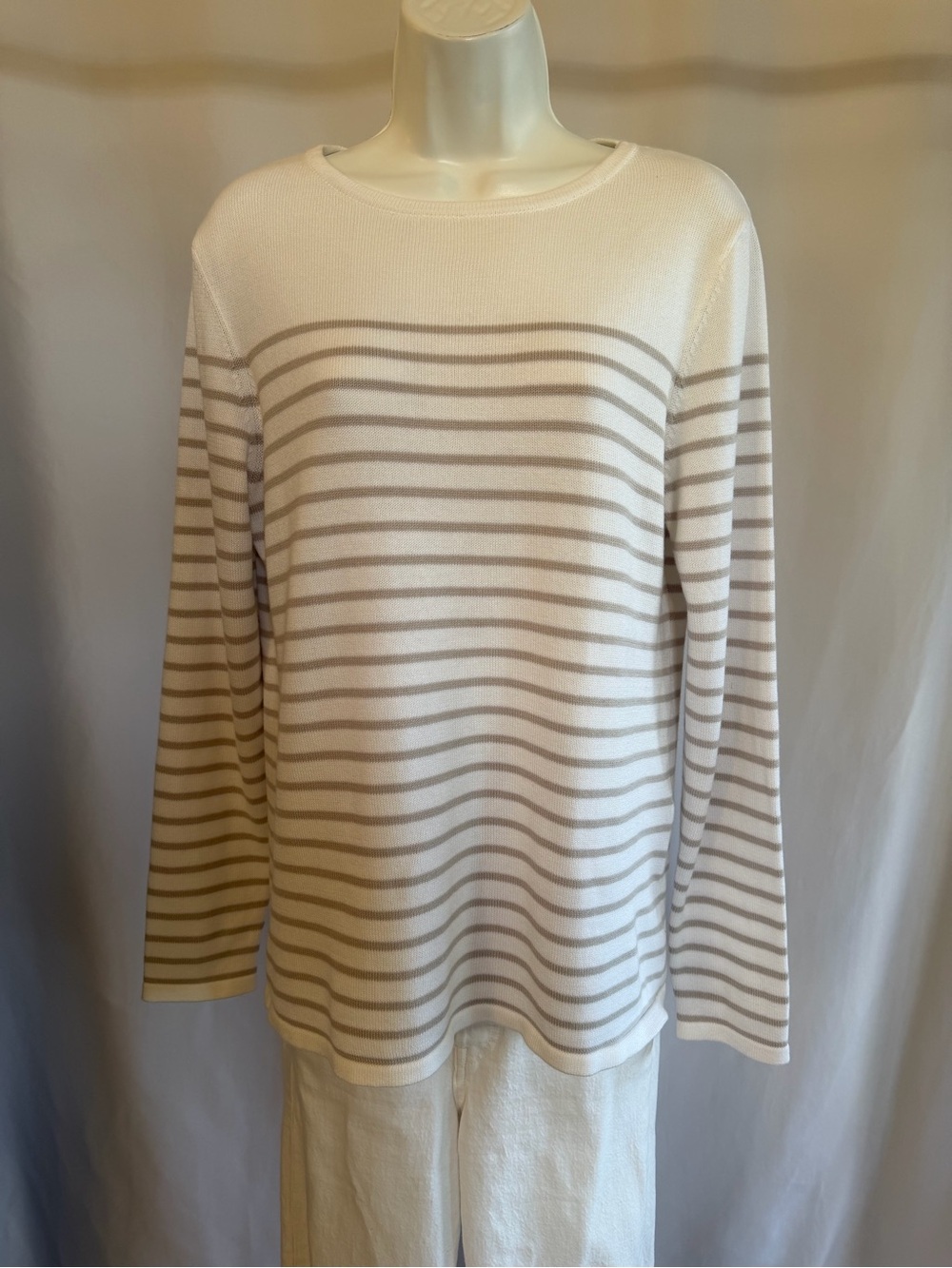 Pura Cashmere Everyday Cotton Crew in the Harbor Grey Stripe Size Small